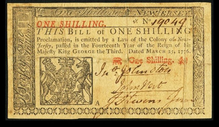 NJ-175 Colonial, 1 Shilling, March 25, 1776 - John Hart Signature, 19049, VF